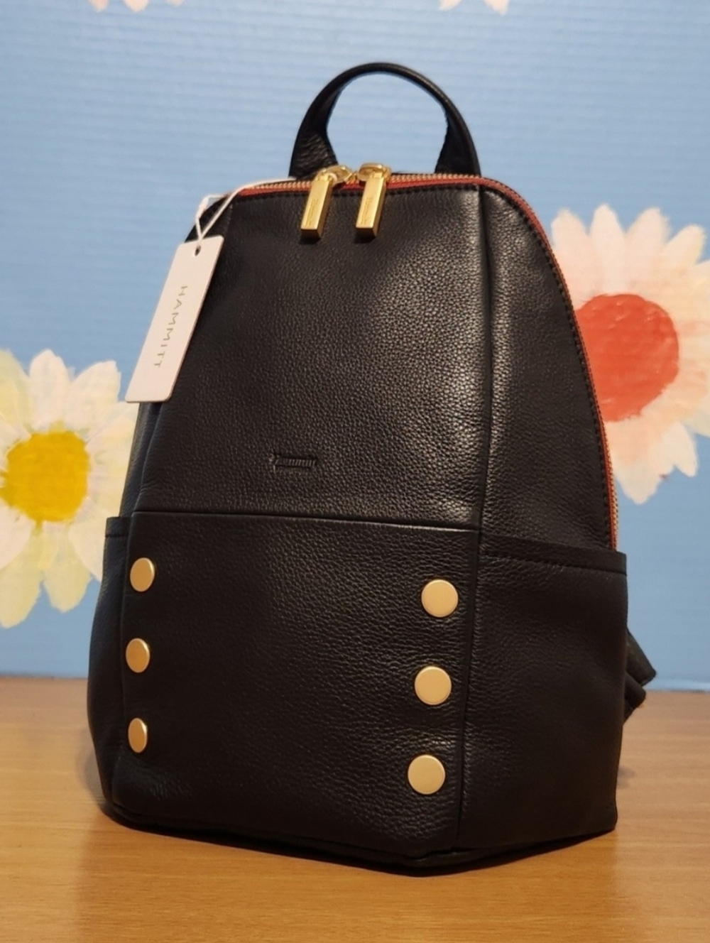 Hammutt Black Leather MD Backpack With Gold Accents